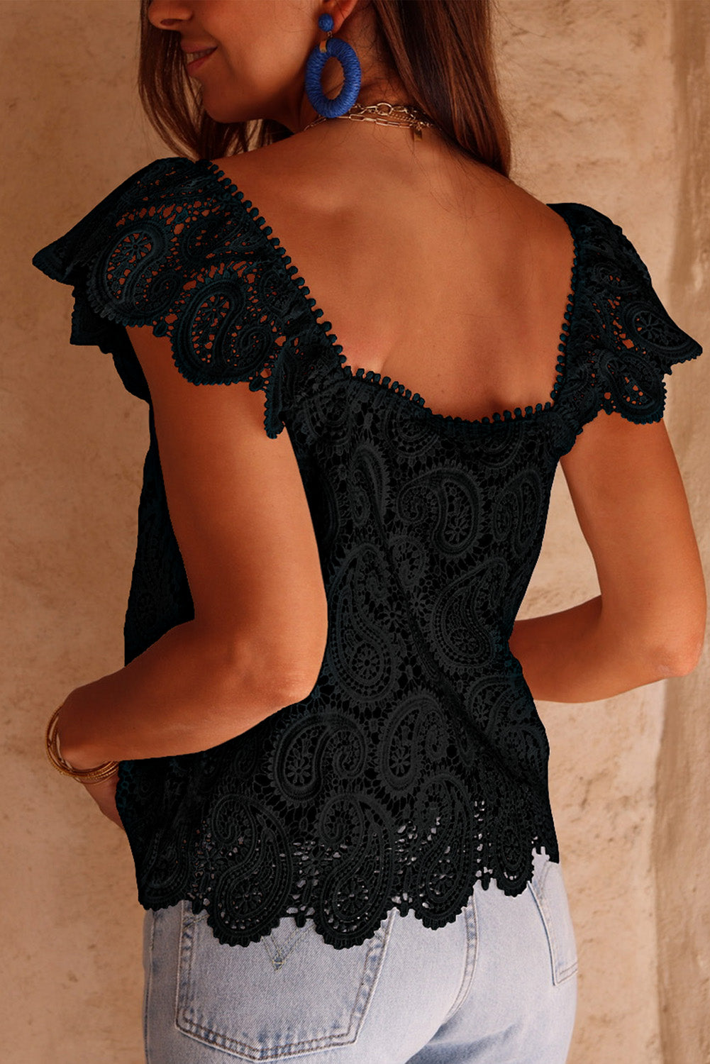 Black Lace Crochet Ruffled Square Neck Tank Top Tank Tops JT's Designer Fashion