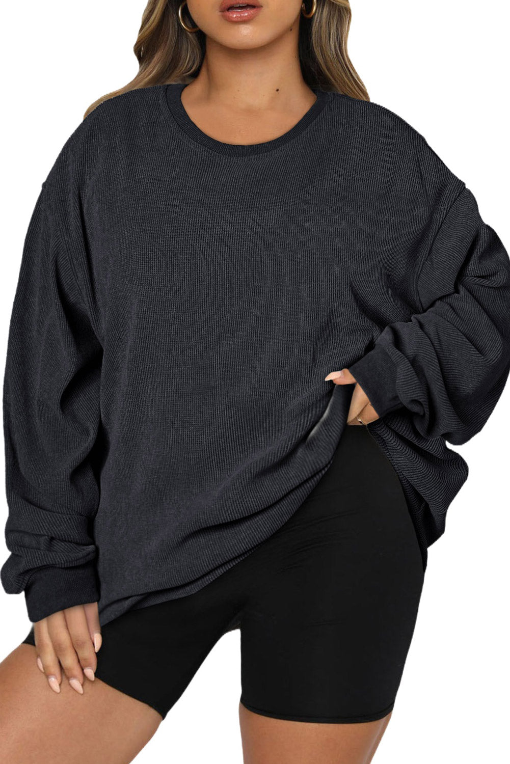 Black Plus Size Corded Round Neck Sweatshirt Plus Size JT's Designer Fashion