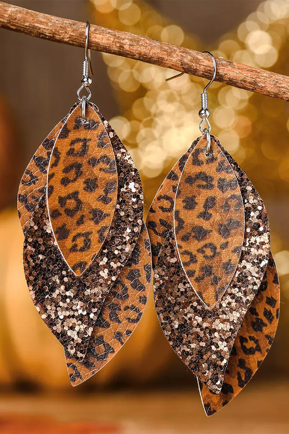 Brown Leopard Sequin Layered Dangle Earrings Jewelry JT's Designer Fashion