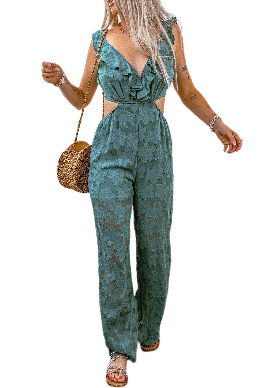 Green Floral Lace Crochet Lace-up Backless Jumpsuit Jumpsuits & Rompers JT's Designer Fashion