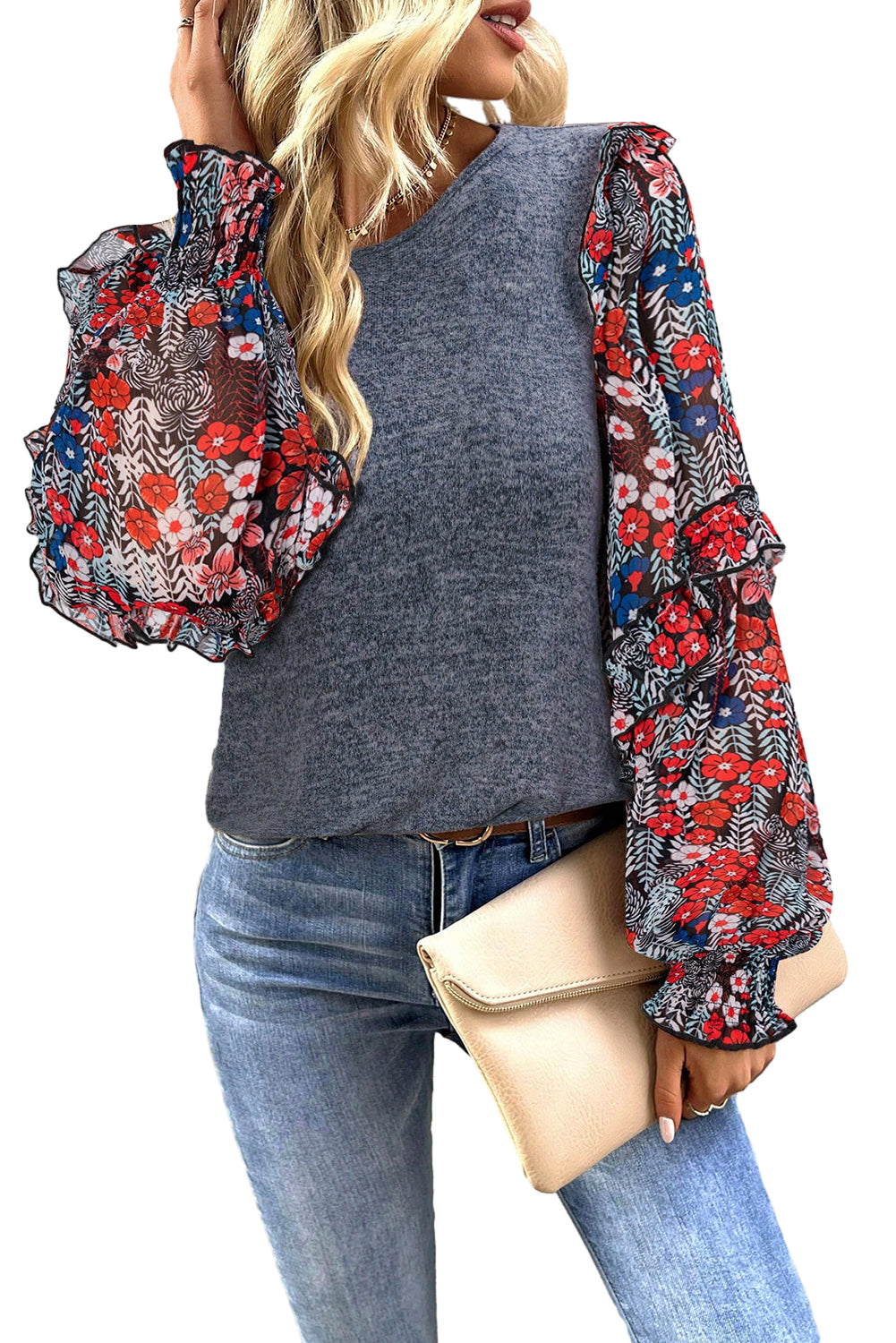 Blue Apricot Pink Contrast Frilled Floral Sleeve Top Tops & Tees JT's Designer Fashion