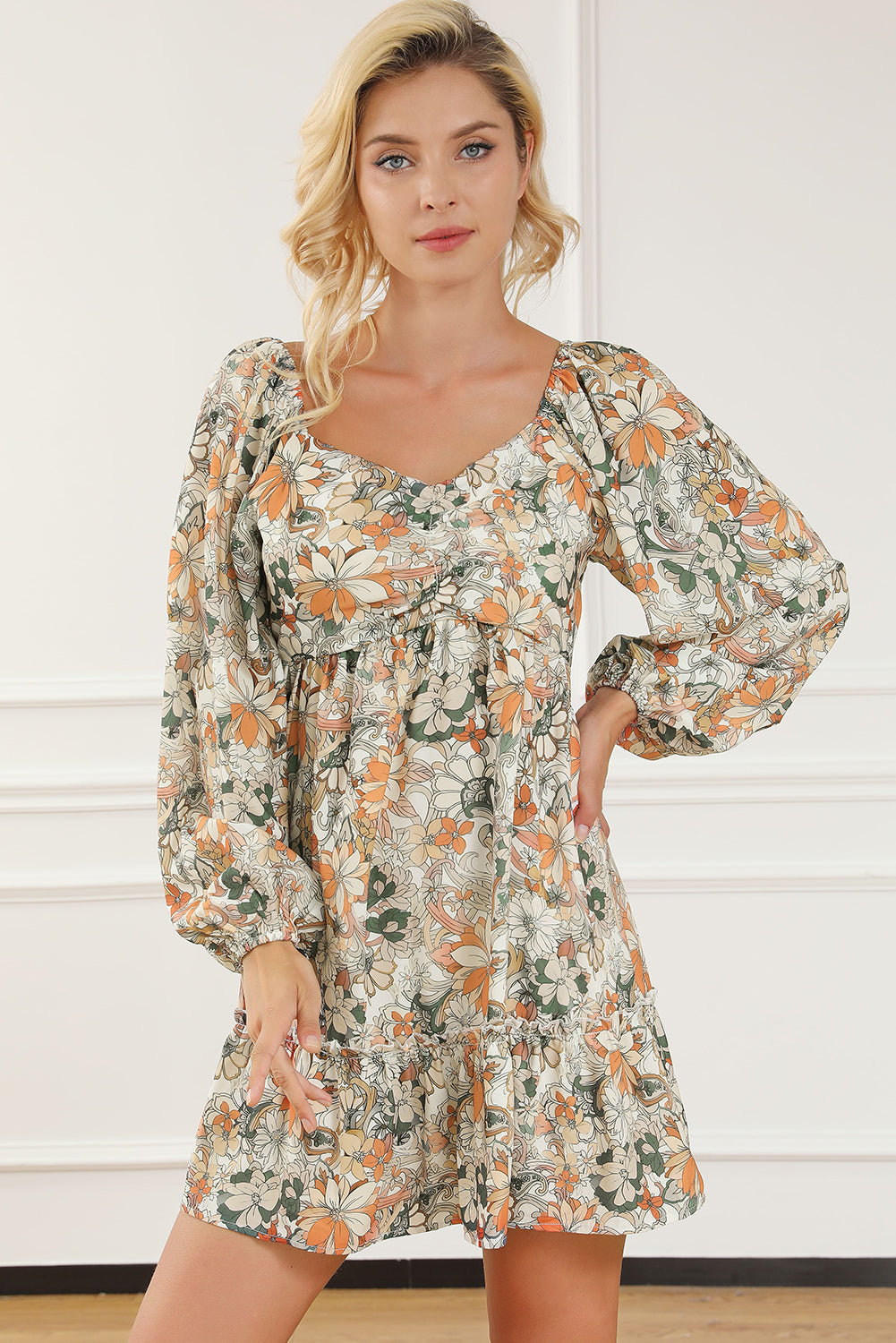 Floral Print Smocked Back Puff Sleeve Mini Dress Floral Dresses JT's Designer Fashion