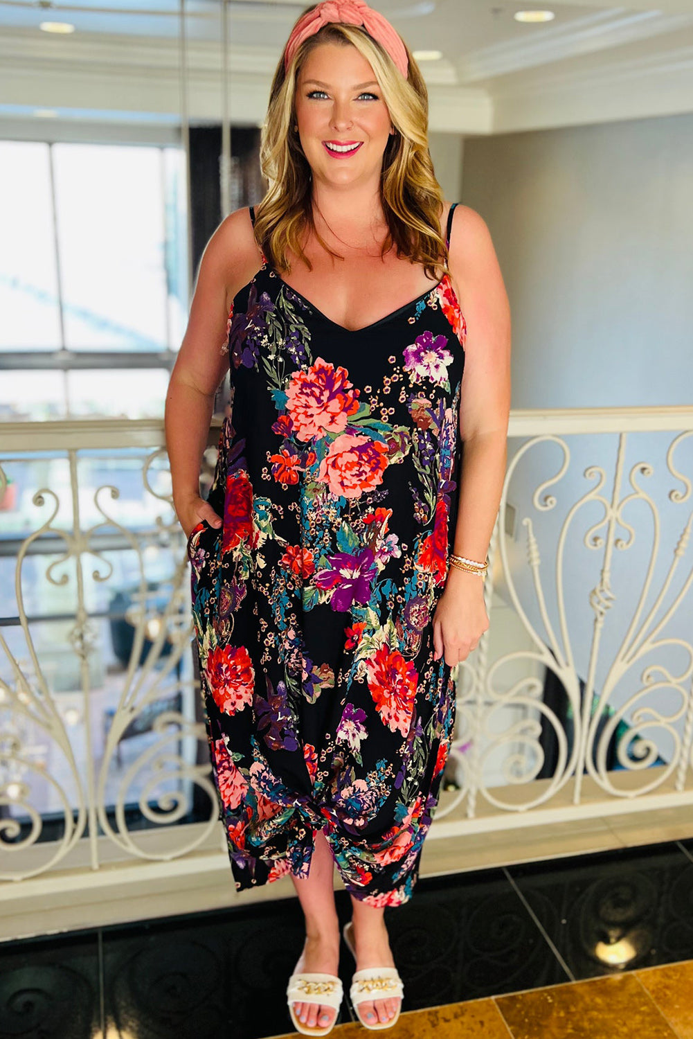 Black Plus Size Floral Print Thin Straps Maxi Dress Plus Size Dresses JT's Designer Fashion