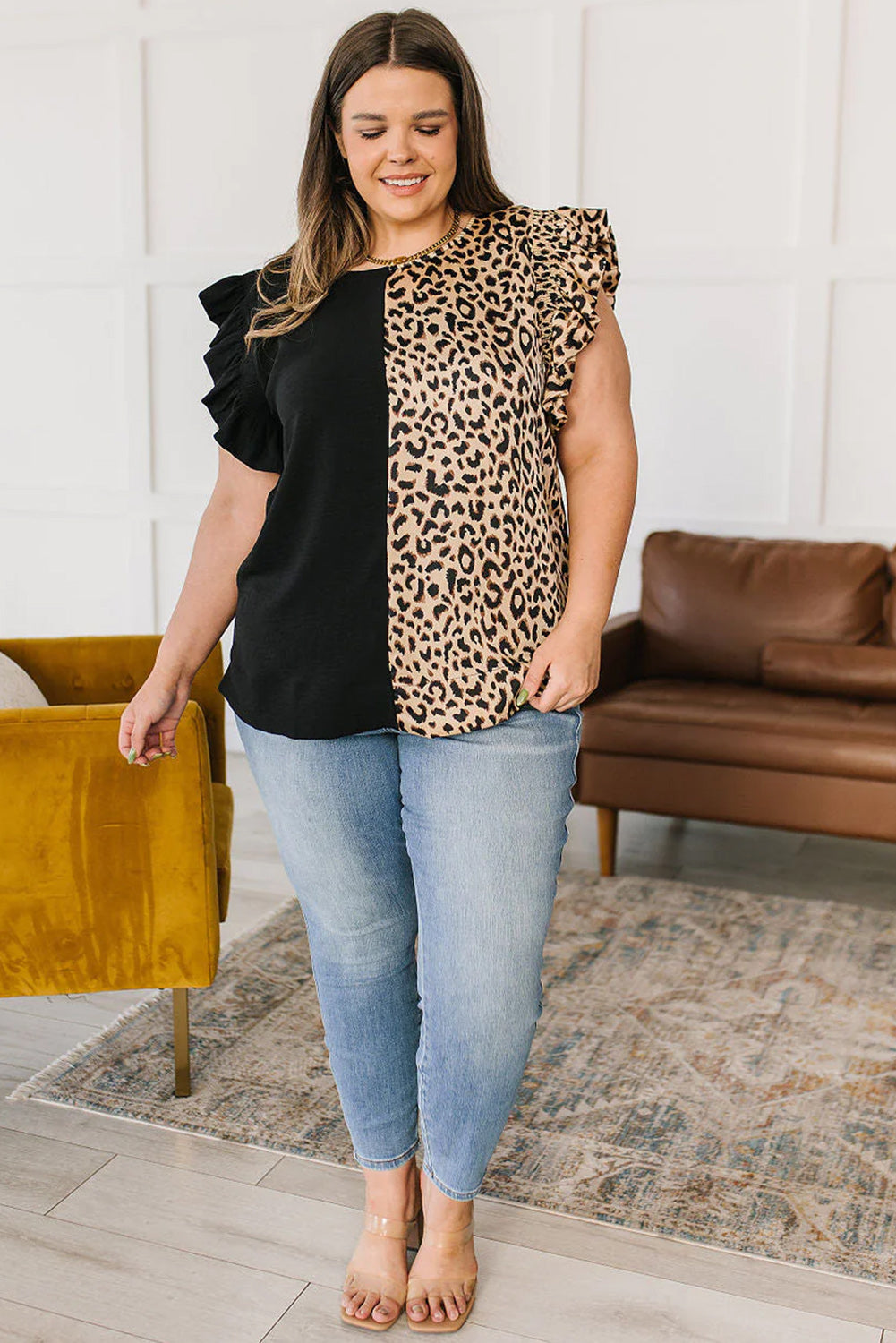 Black Leopard Contrast Plus Size Ruffle Sleeve Top Plus Size JT's Designer Fashion