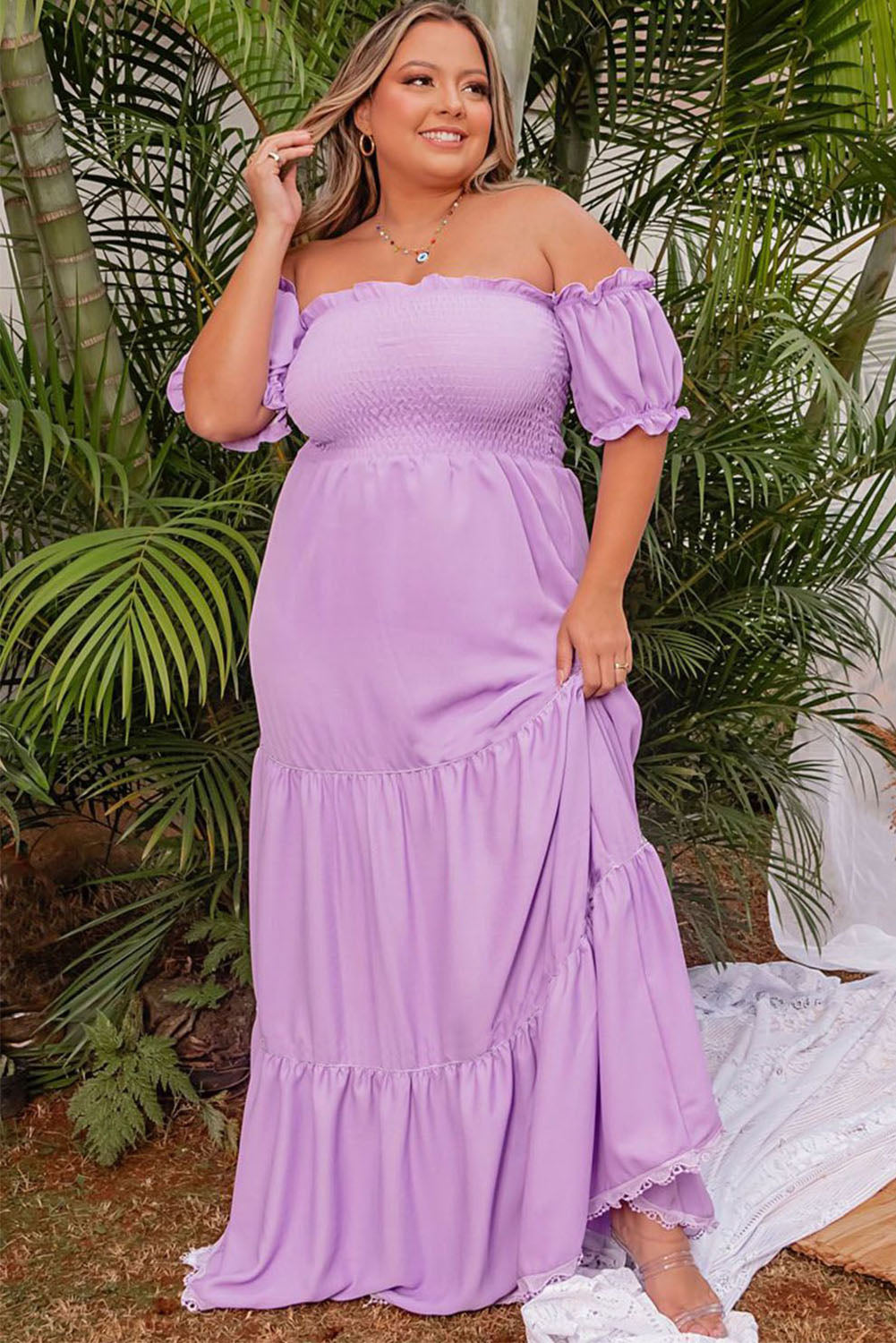 Purple Ruffled Smocked Off Shoulder Plus Size Evening Dress Plus Size JT's Designer Fashion