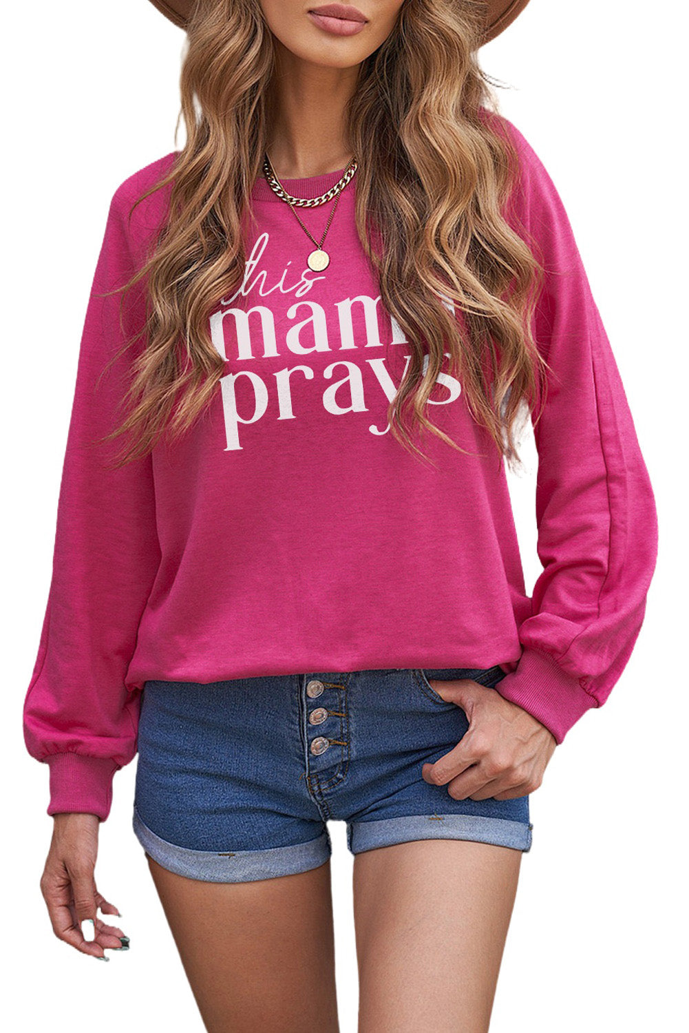 Rose This Mama Prays Letter Print Oversized Pullover Sweatshirt Graphic Sweatshirts JT's Designer Fashion