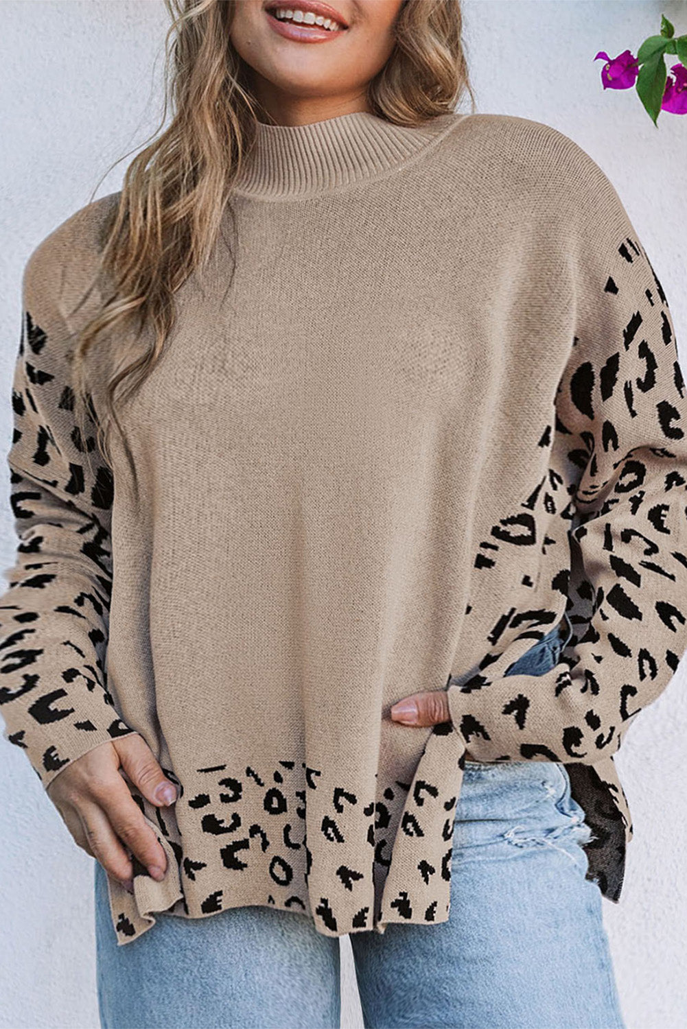 Khaki Plus Size Leopard Patchwork High Neck Sweater Plus Size JT's Designer Fashion