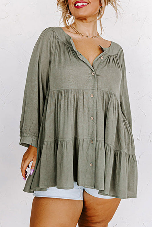 Green Button Down Split Neck Plus Size Ruffle Tiered Shirt Plus Size JT's Designer Fashion