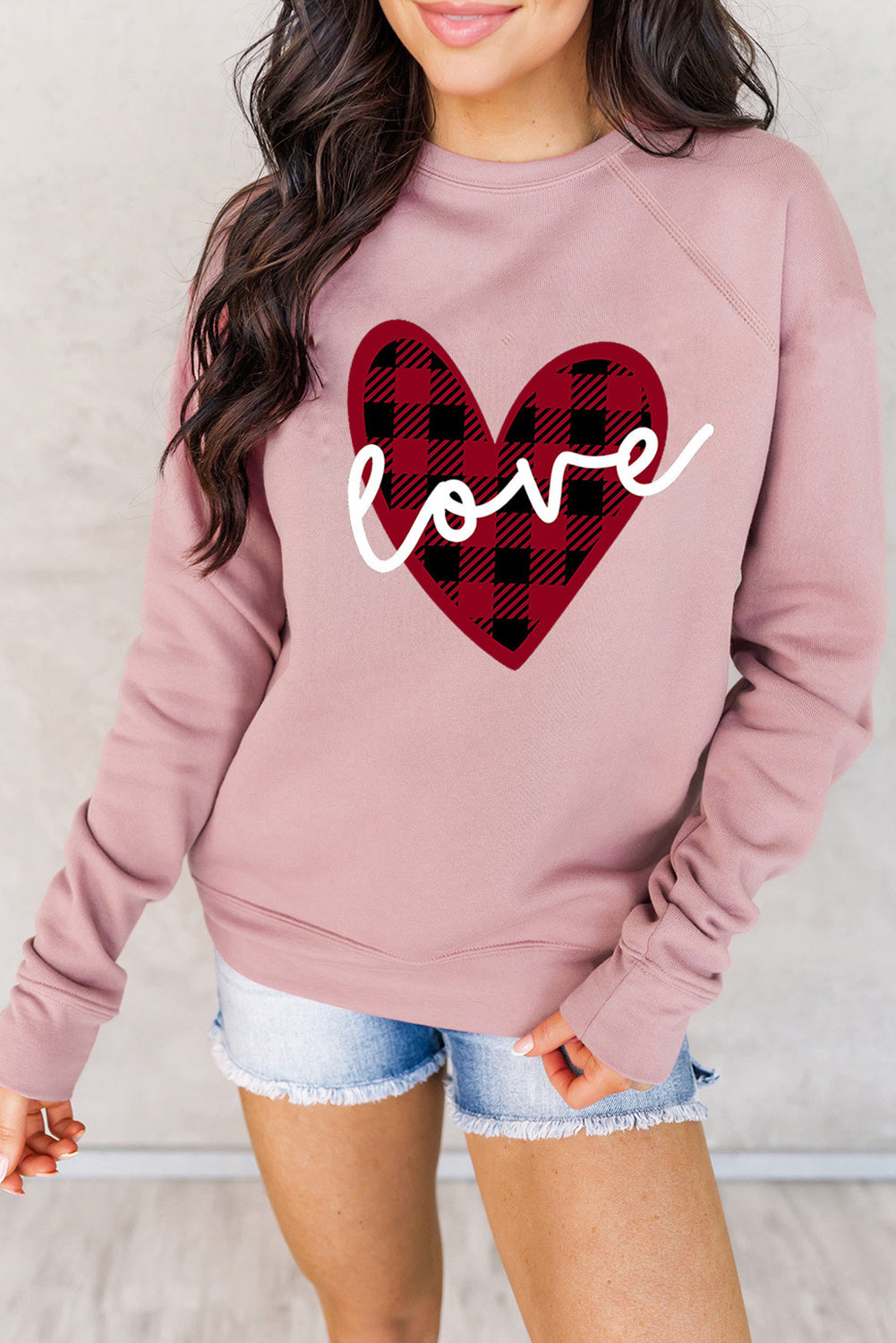 Pink love Heart Shape Plaid Print Raglan Sleeve Sweatshirt Pink 62.7%Polyester+37.3%Cotton Graphic Sweatshirts JT's Designer Fashion