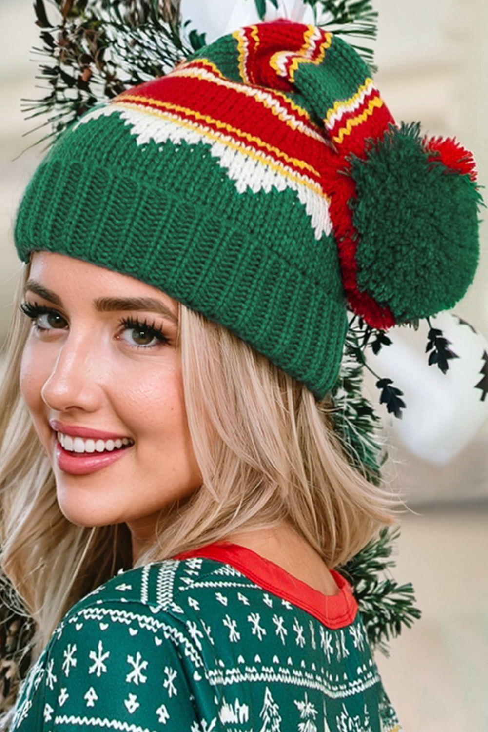 Blackish Green Christmas Color Block Pom Pom Knitted Hat Hats & Caps JT's Designer Fashion