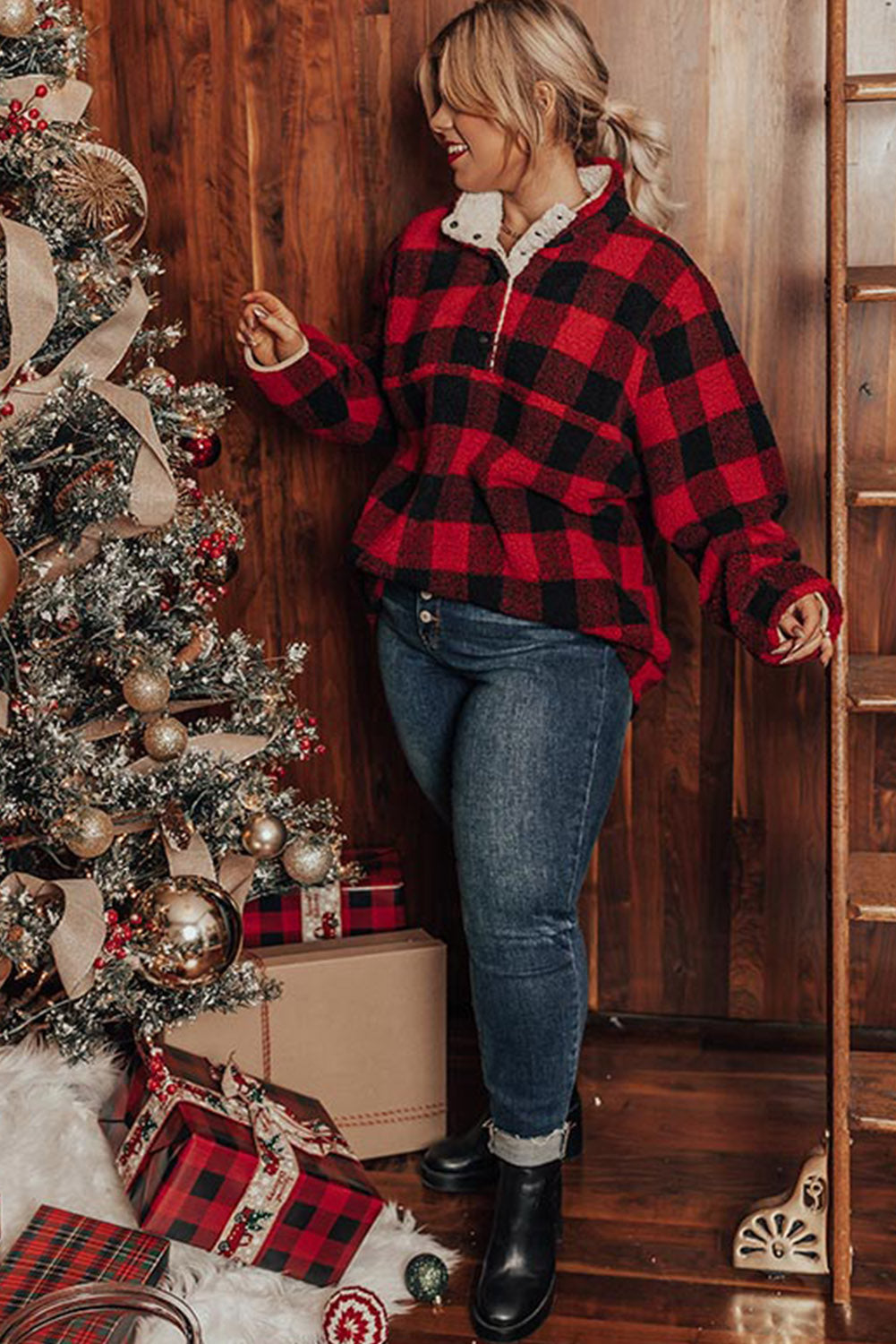 Red Plus Size Buffalo Plaid Sherpa Henley Sweatshirt Plus Size JT's Designer Fashion