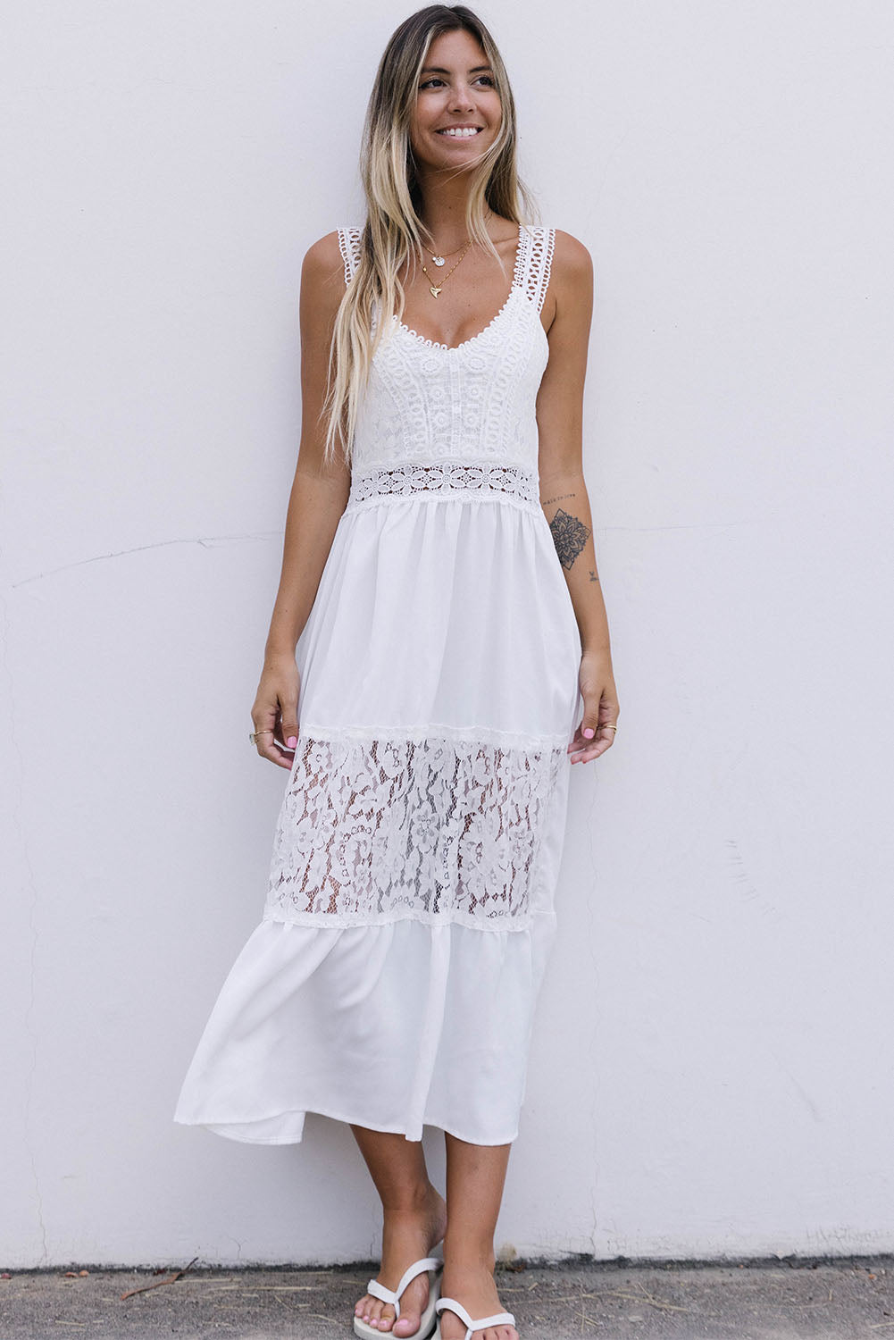 White Floral Lace Tiered Patchwork Sleeveless Dress Maxi Dresses JT's Designer Fashion