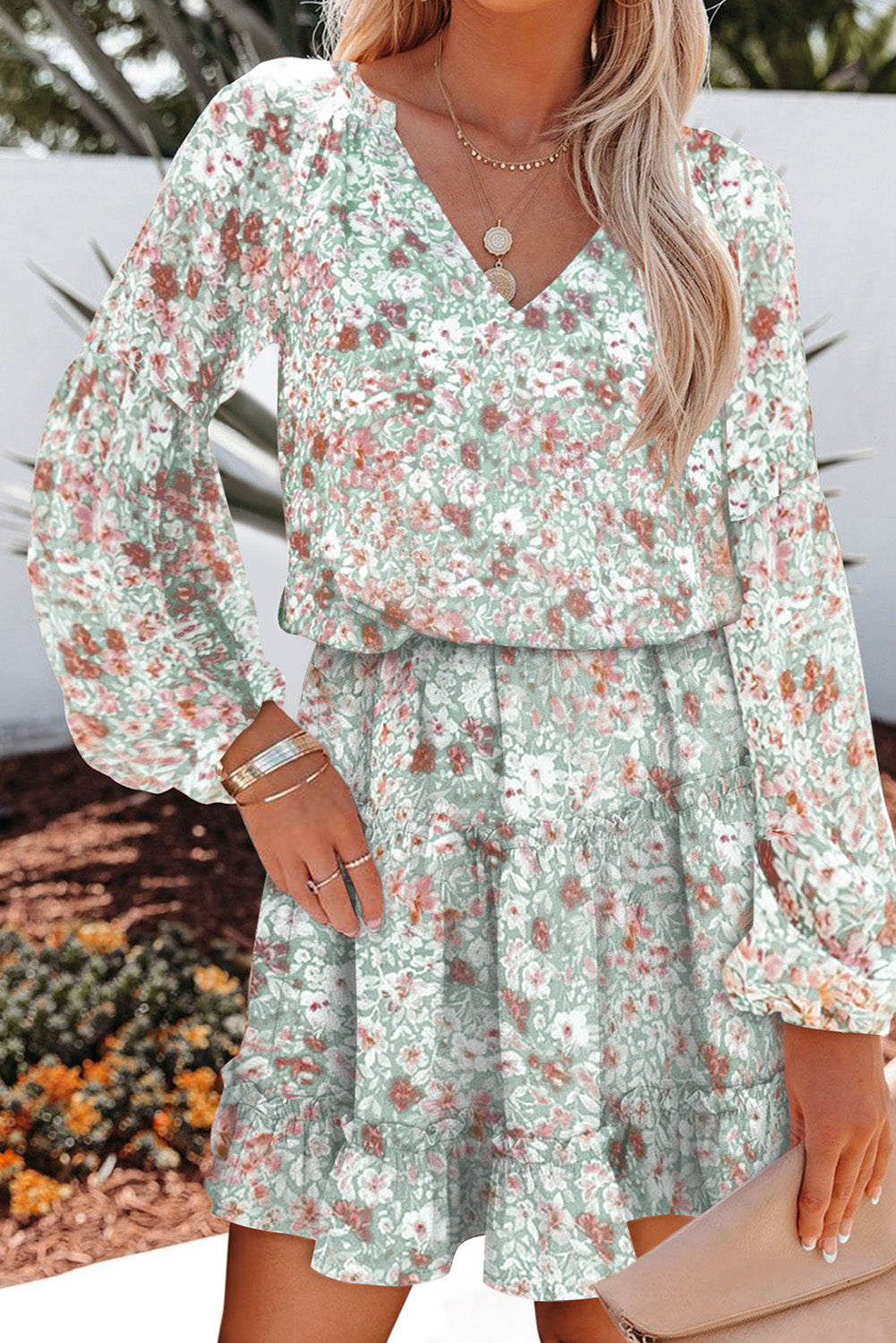 Green V Neck Puff Sleeves Floral Tunic Dress Floral Dresses JT's Designer Fashion