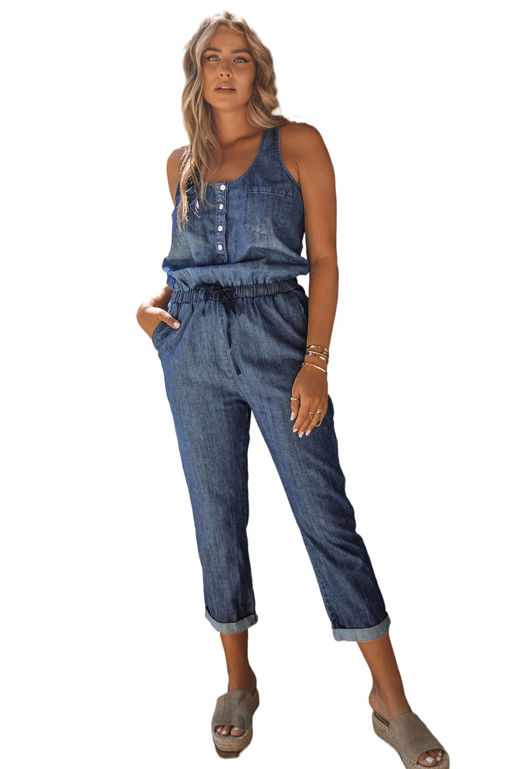 Blue High Waist Buttons Sleeveless Denim Romper Jumpsuits & Rompers JT's Designer Fashion