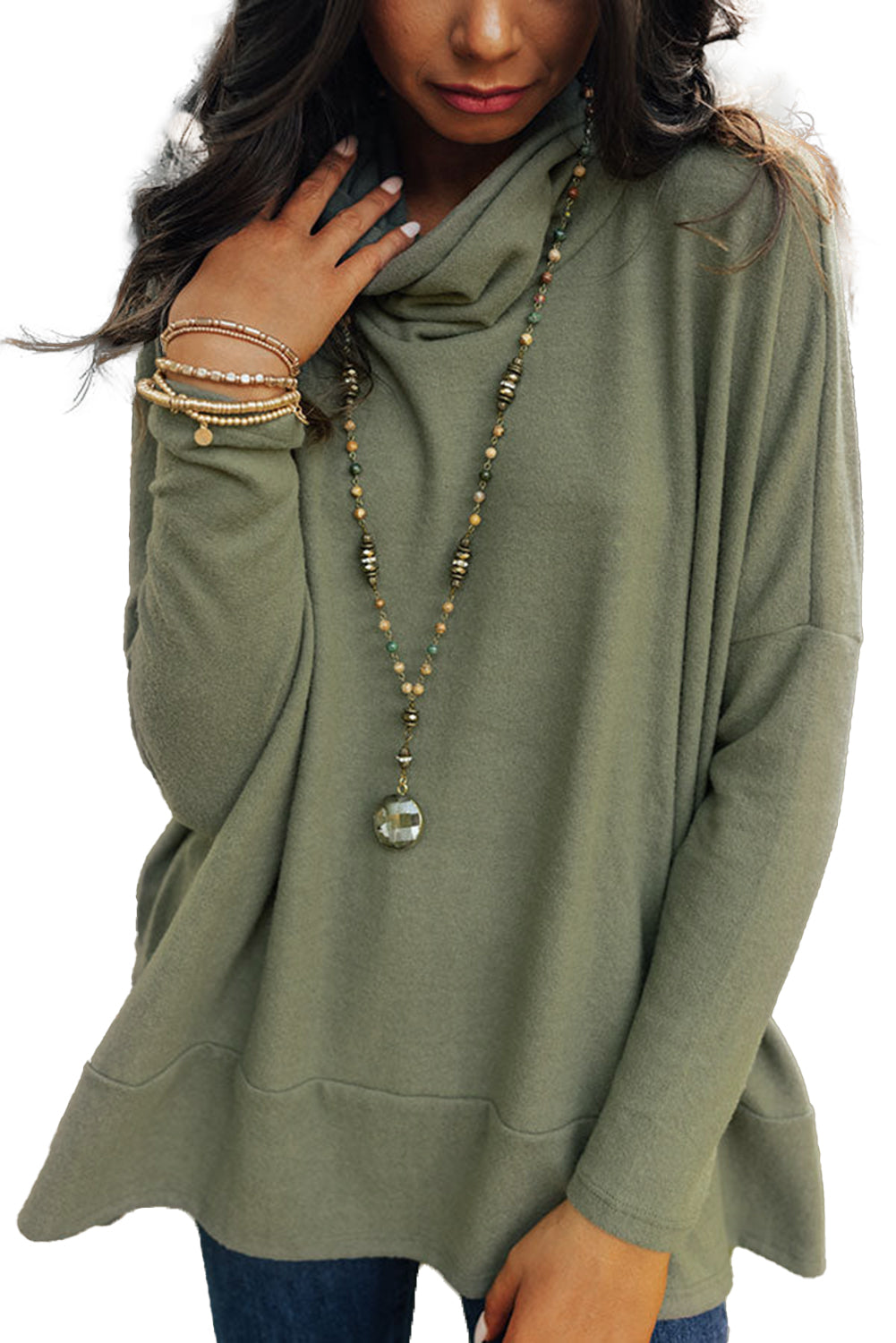 Pickle Green Cowl Neck Shift Tunic Top Tops & Tees JT's Designer Fashion