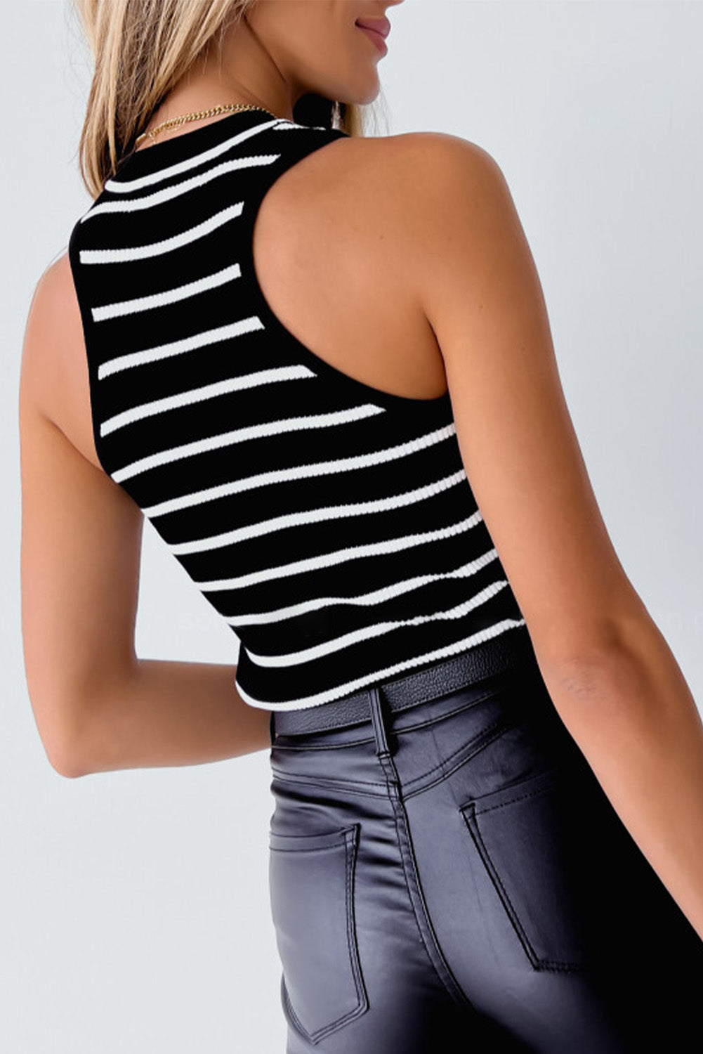 Black Striped Print Ribbed O-neck Sleeveless Top Tank Tops JT's Designer Fashion