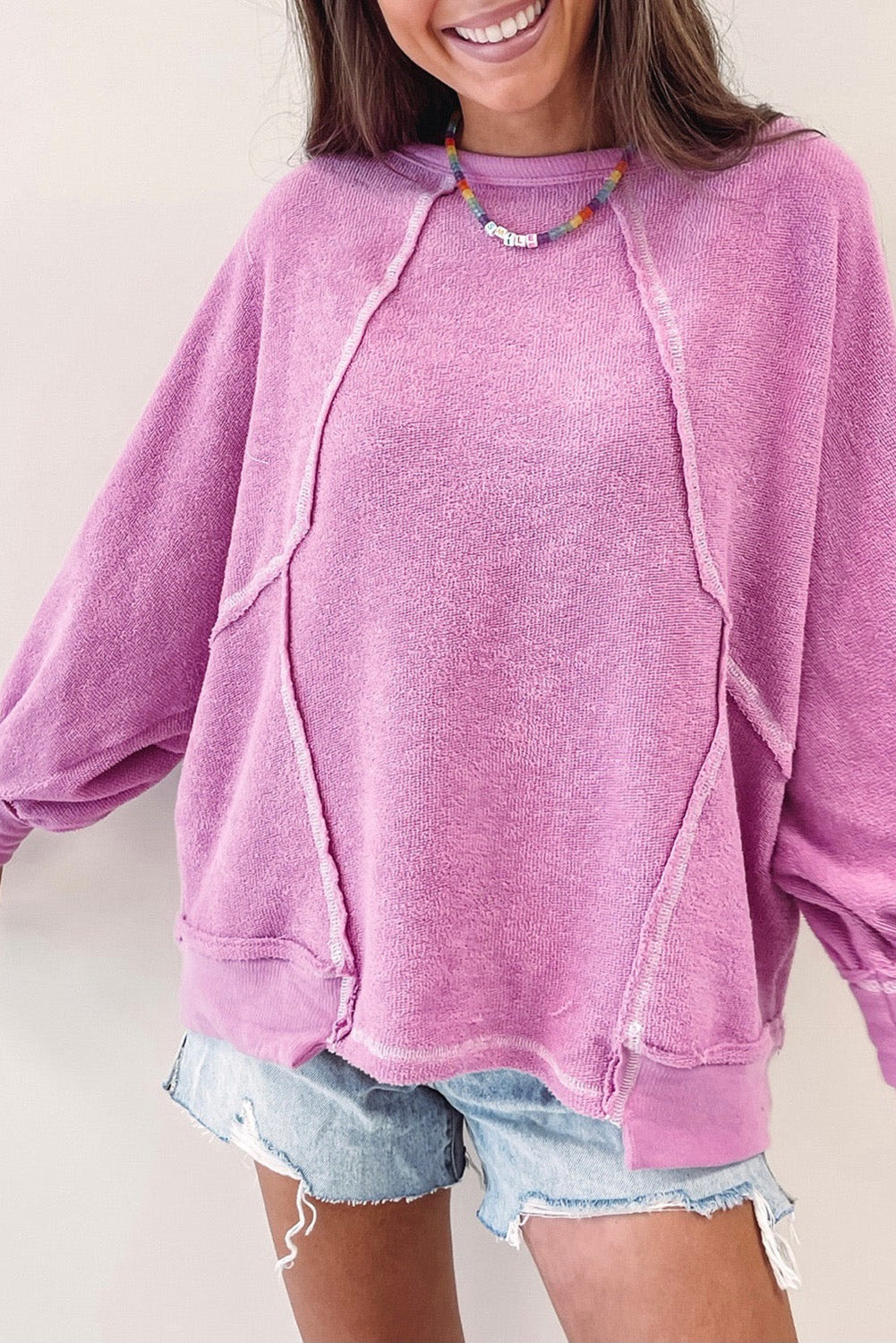 Pink Expose Seam Detail Terry Pullover Tops & Tees JT's Designer Fashion