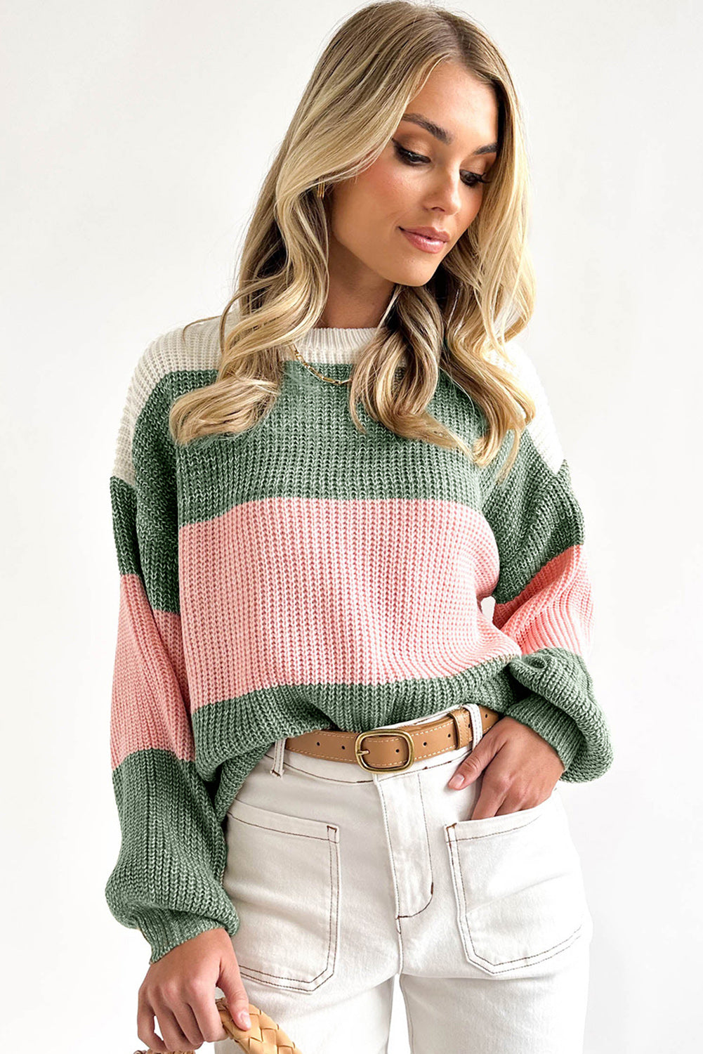 Green-2 Pink Colorblock Drop Shoulder Pullover Loose Sweater Pre Order Sweaters & Cardigans JT's Designer Fashion