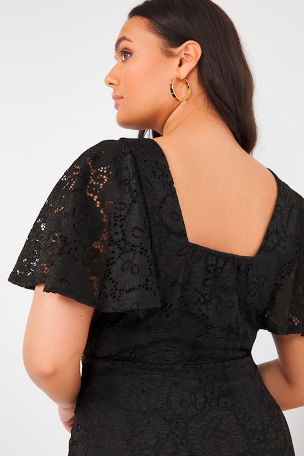 Black Plus Size Lace Flutter Sleeves Flare Midi Dress Plus Size JT's Designer Fashion