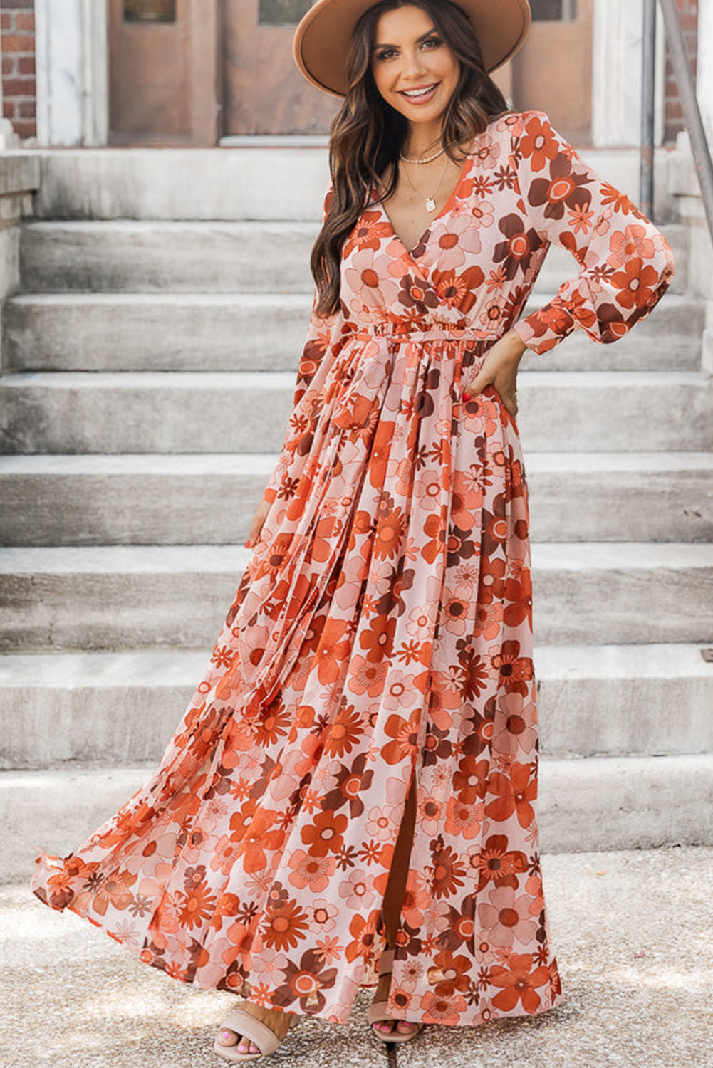 Orange Floral Print Knotted High Waist Plus Size Maxi Dress Plus Size JT's Designer Fashion