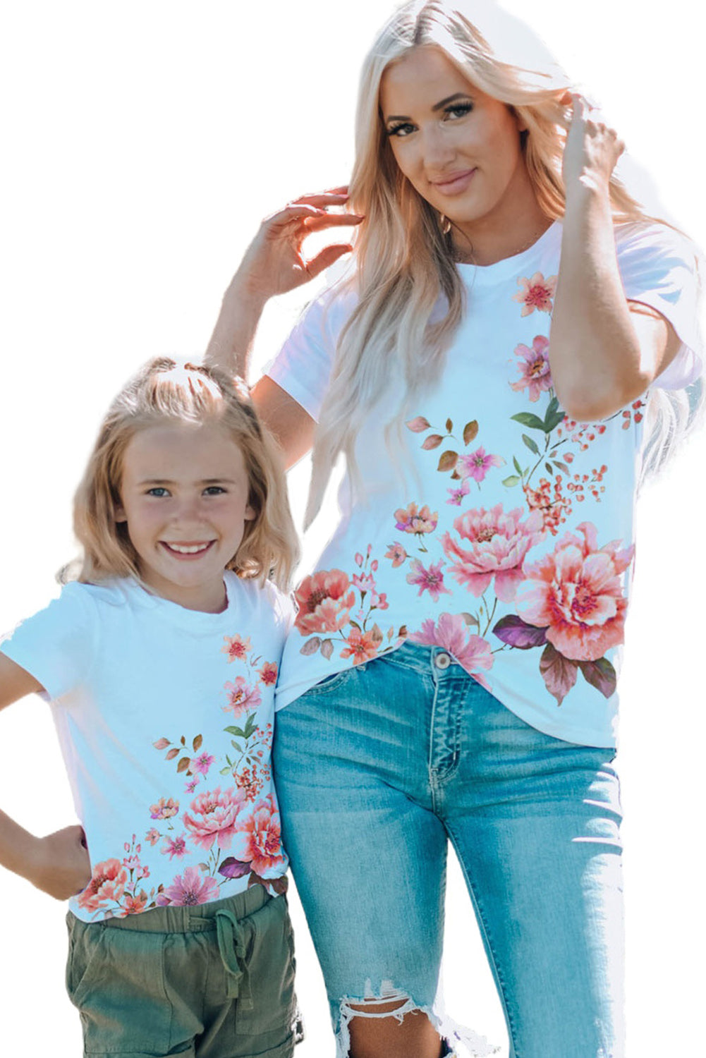 White Mother and Me Floral Print Short Sleeve Girl's T Shirt Family T-shirts JT's Designer Fashion