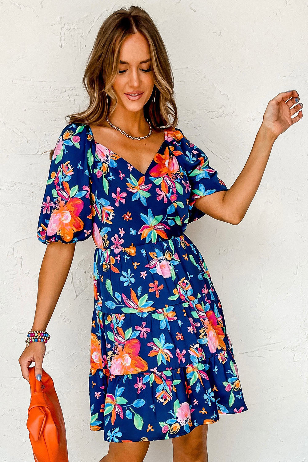 Blue Floral Surplice Mini Dress Dresses JT's Designer Fashion