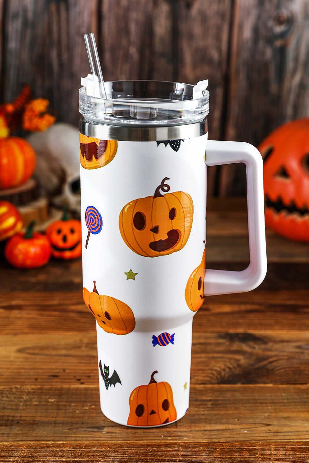 Bright White 40oz Halloween Print 304 Stainless Steel Thermos Cup Tumblers JT's Designer Fashion