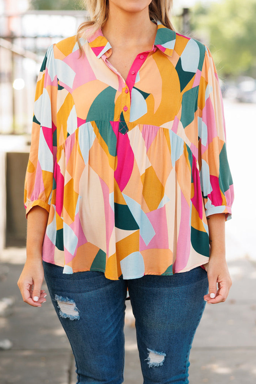 Ginger Plus Size Geometric Print Bracelet Sleeve Flowy Blouse Plus Size JT's Designer Fashion