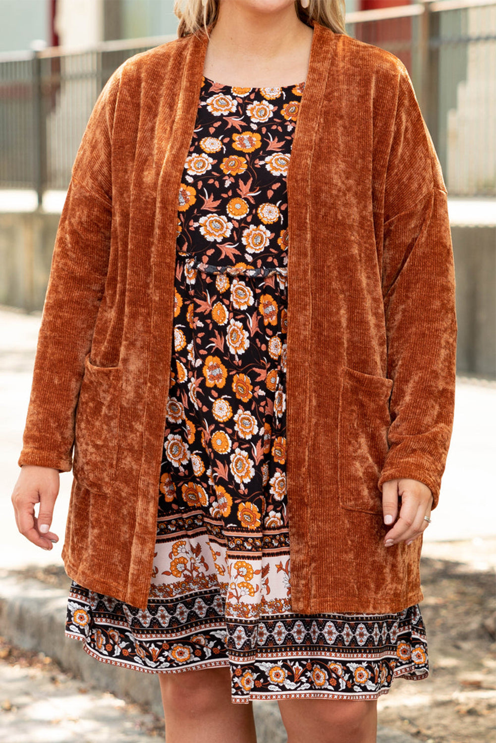 Gold Flame Plus Size Ribbed Open Front Pocketed Cardigan Plus Size JT's Designer Fashion