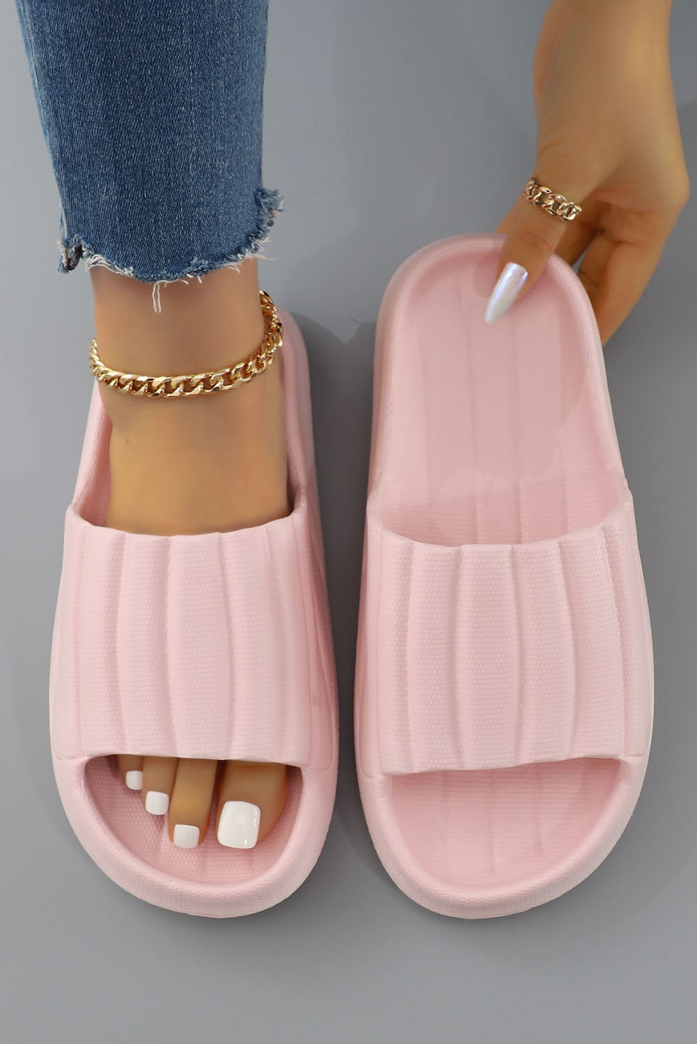 Pink Solid Ribbed Slip-On Fashion Slippers Slippers JT's Designer Fashion