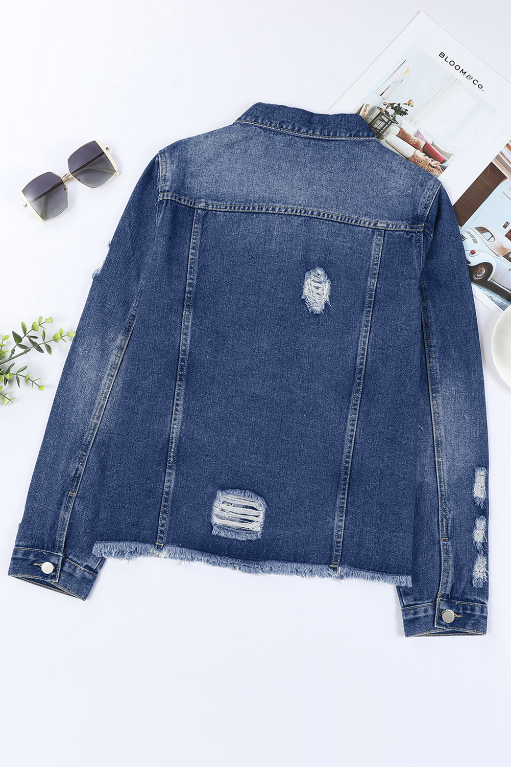 Dark Blue Plus Size Distressed Flap Pocket Denim Jacket Denim jackets JT's Designer Fashion