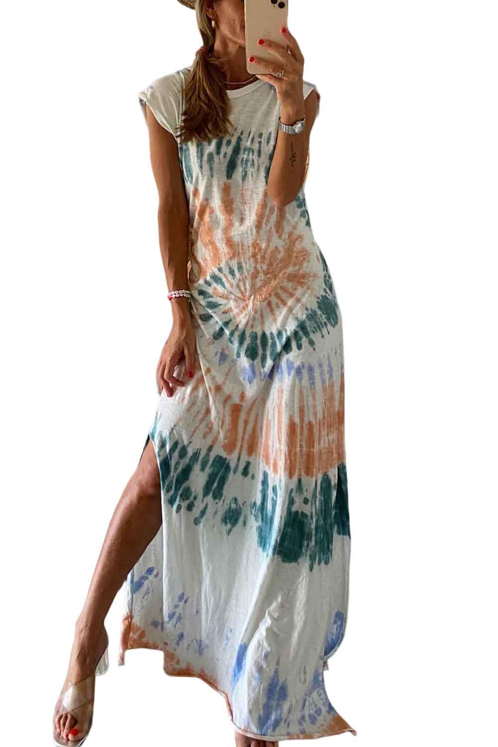 White Cap Sleeve Tie Dye Long Slit Dress Dresses JT's Designer Fashion