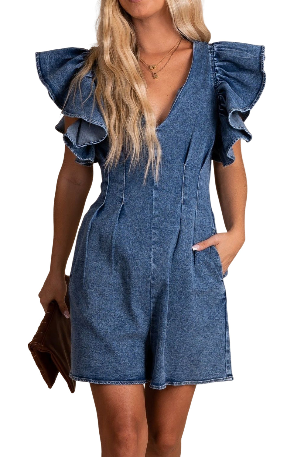 Blue Ruffle Pleated Denim Romper with Pockets Jumpsuits & Rompers JT's Designer Fashion