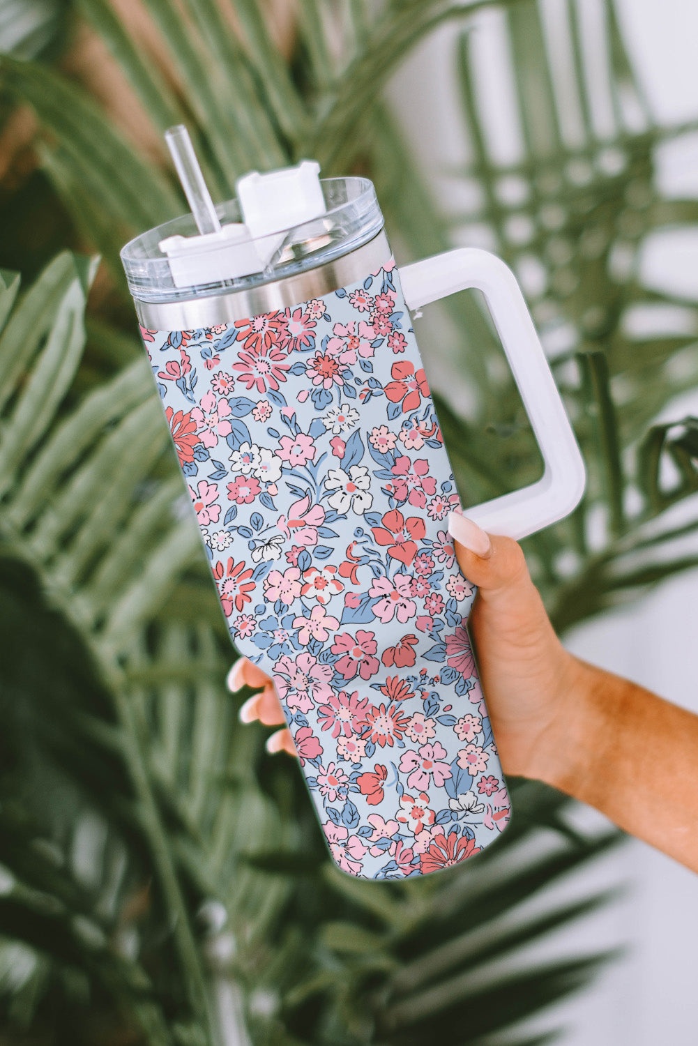 Multicolour Floral Print Handled Stainless Tumbler with Straw Tumblers JT's Designer Fashion