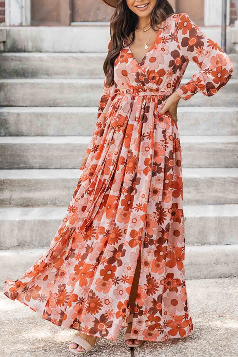 Orange Floral V-Neck Long Sleeve Belted Maxi Dress Dresses JT's Designer Fashion