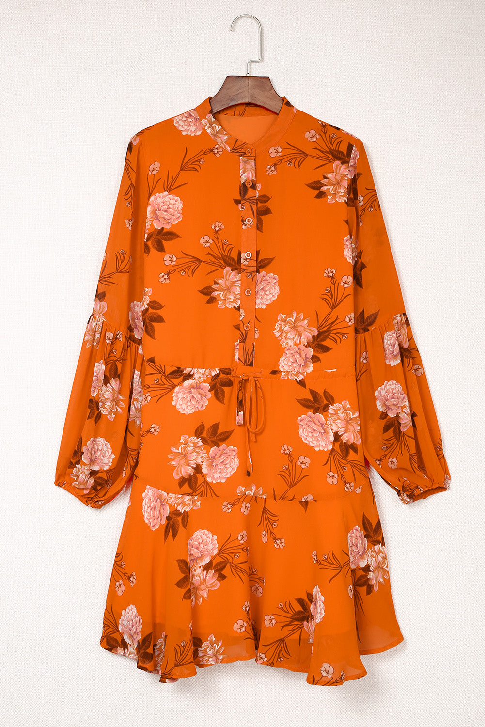 Orange Vintage Floral Print Drawstring Flowy Dress Floral Dresses JT's Designer Fashion