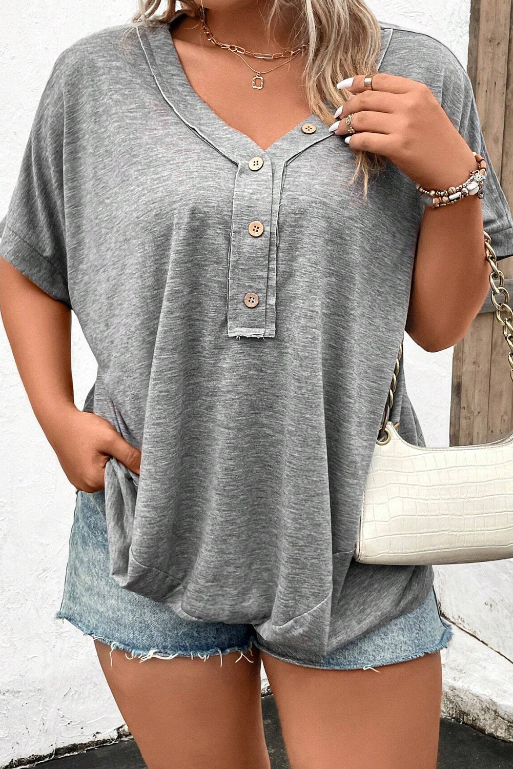 Gray Plus Size Half Button Batwing Sleeve Top Plus Size JT's Designer Fashion