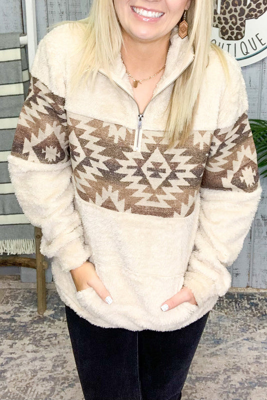 Beige Printed Plus Size Aztec Sherpa Hoodie Plus Size JT's Designer Fashion