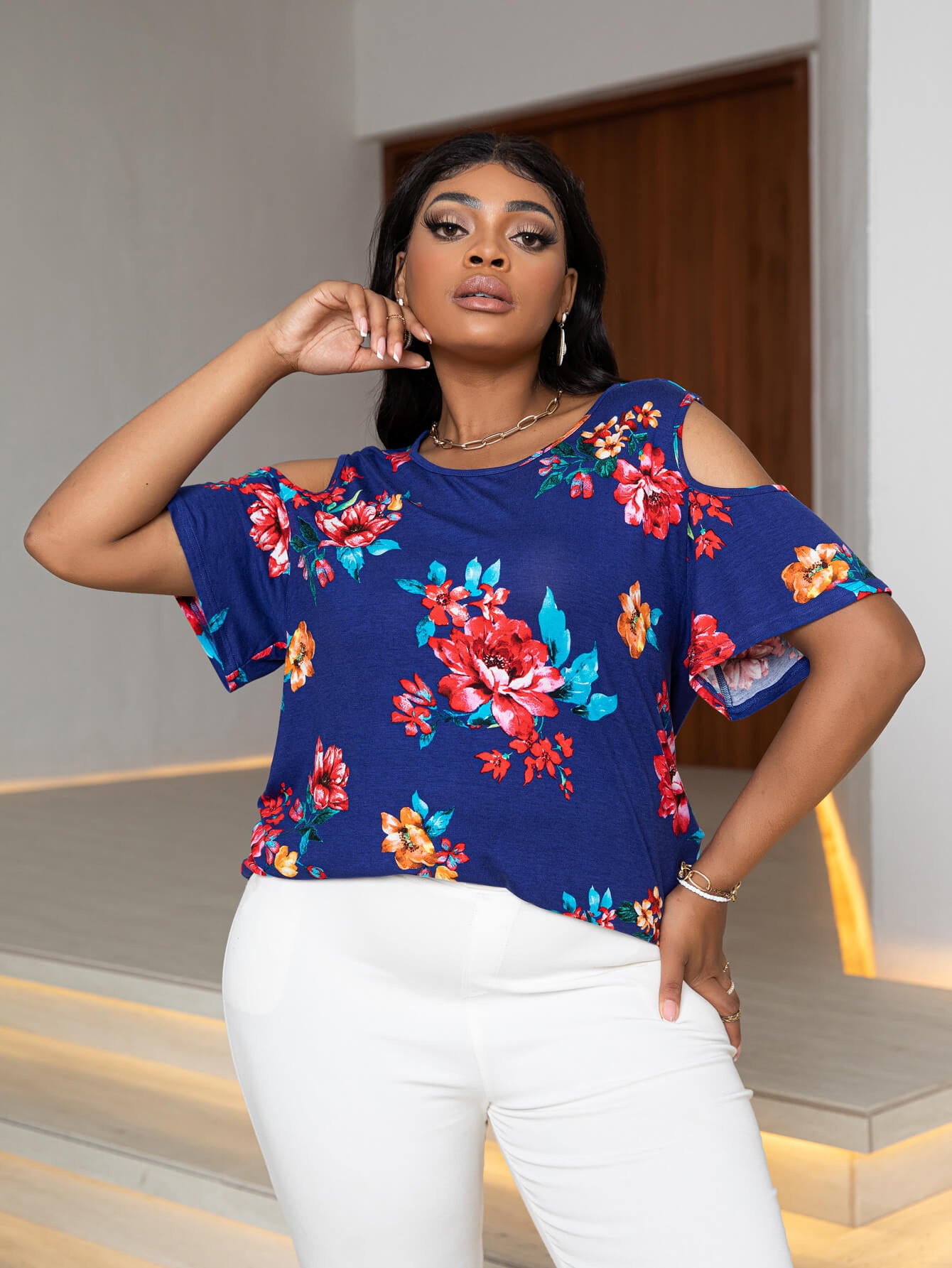 Plus Size Cold-Shoulder Round Neck Curved Hem Tee Royal Blue Plus Size Tops JT's Designer Fashion