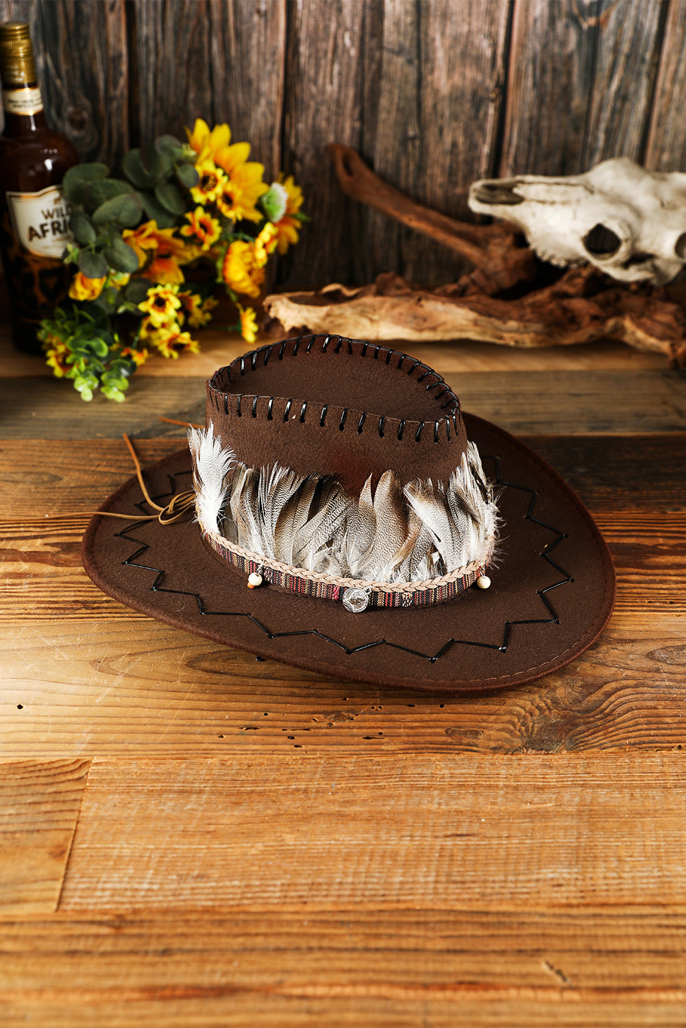 Coffee Western Feather Decor Cowboy Hat Hats & Caps JT's Designer Fashion