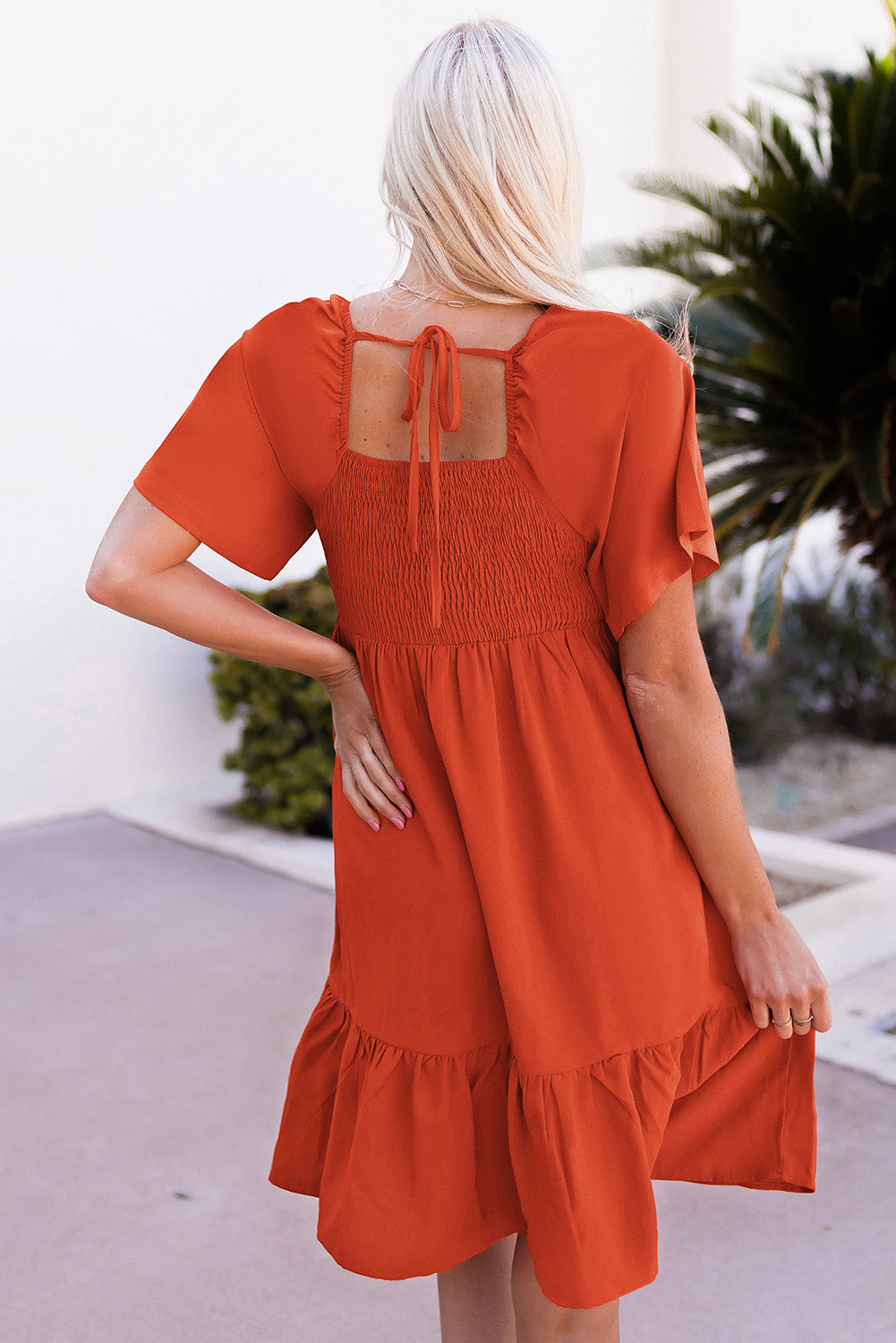 Orange Smocked High Waist Pocketed Ruffle Mini Dress Mini Dresses JT's Designer Fashion