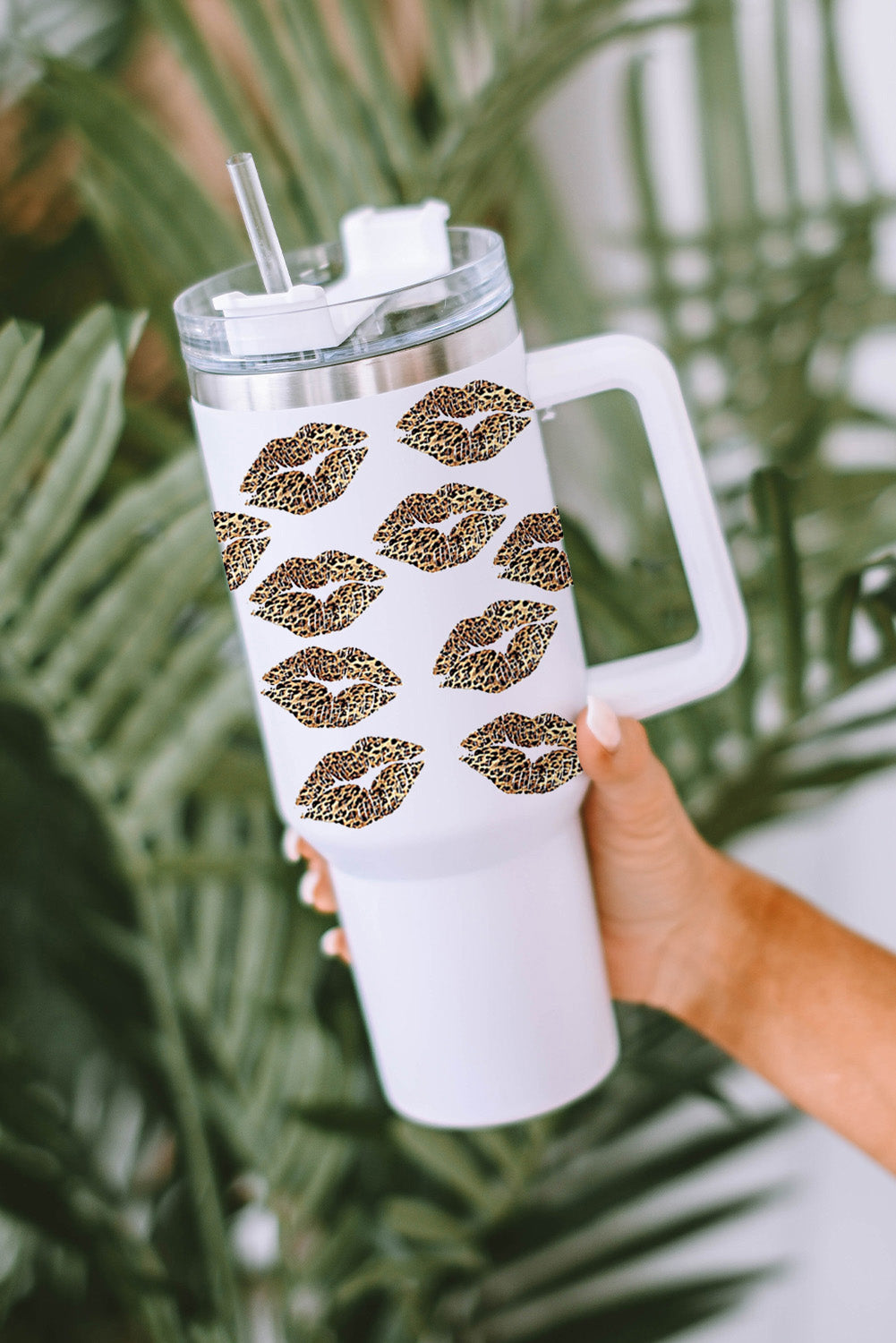 White Valentine Leopard Lips Print Thermos Cuo with Straw Tumblers JT's Designer Fashion