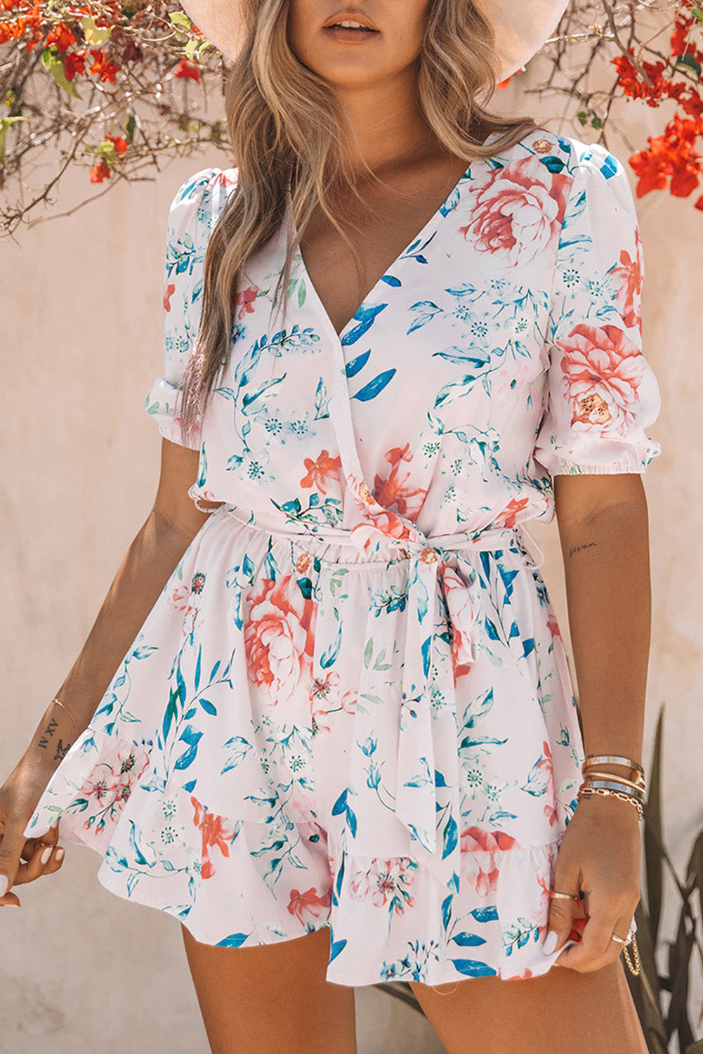 Floral Print Puff Sleeves Romper Jumpsuits & Rompers JT's Designer Fashion