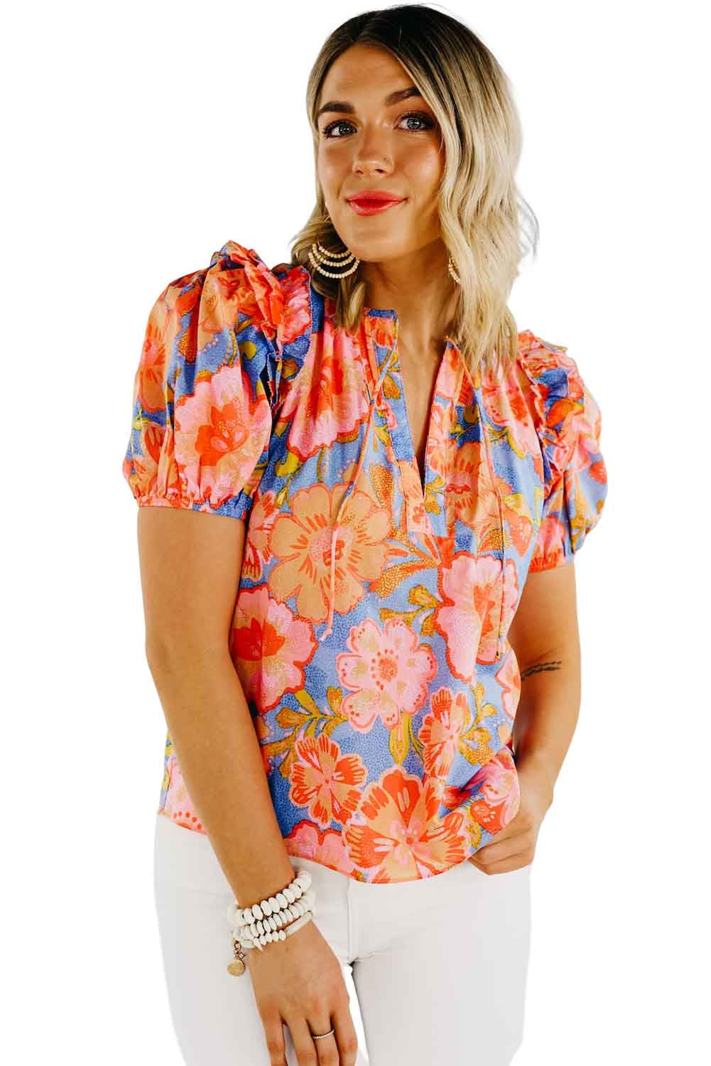 Multicolor Floral Bubble Sleeve V-Neck Plus Size Blouse Plus Size JT's Designer Fashion