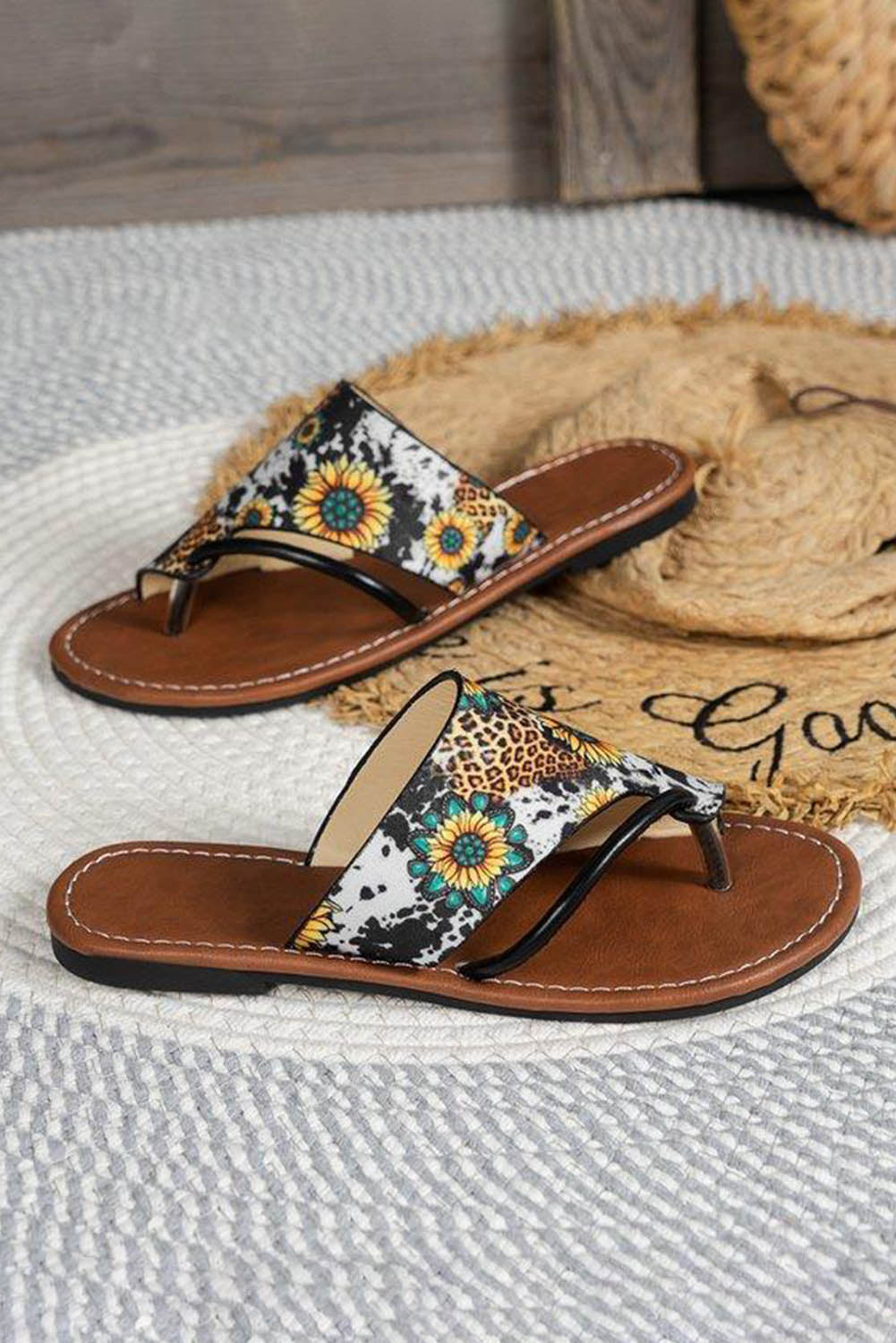 Multicolor Boho Sunflower Print Flat Flip Flops Slippers JT's Designer Fashion