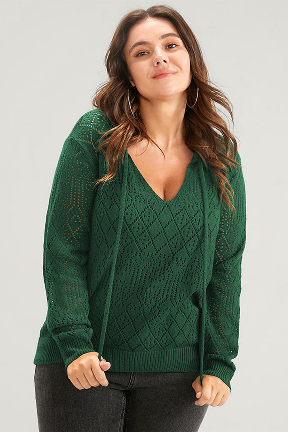 Green Pointelle Knit Tie V Neck Plus Size Sweater Plus Size JT's Designer Fashion