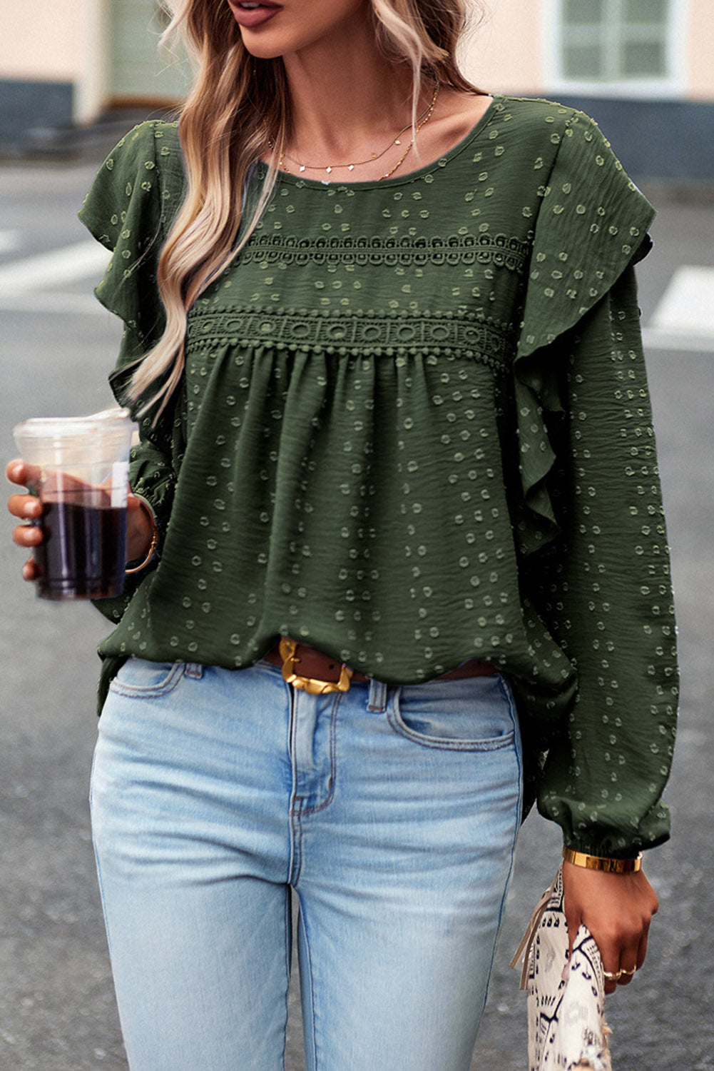 Blackish Green Lace Eyelet Ruffle Shoulder Long Sleeve Blouse Tops & Tees JT's Designer Fashion