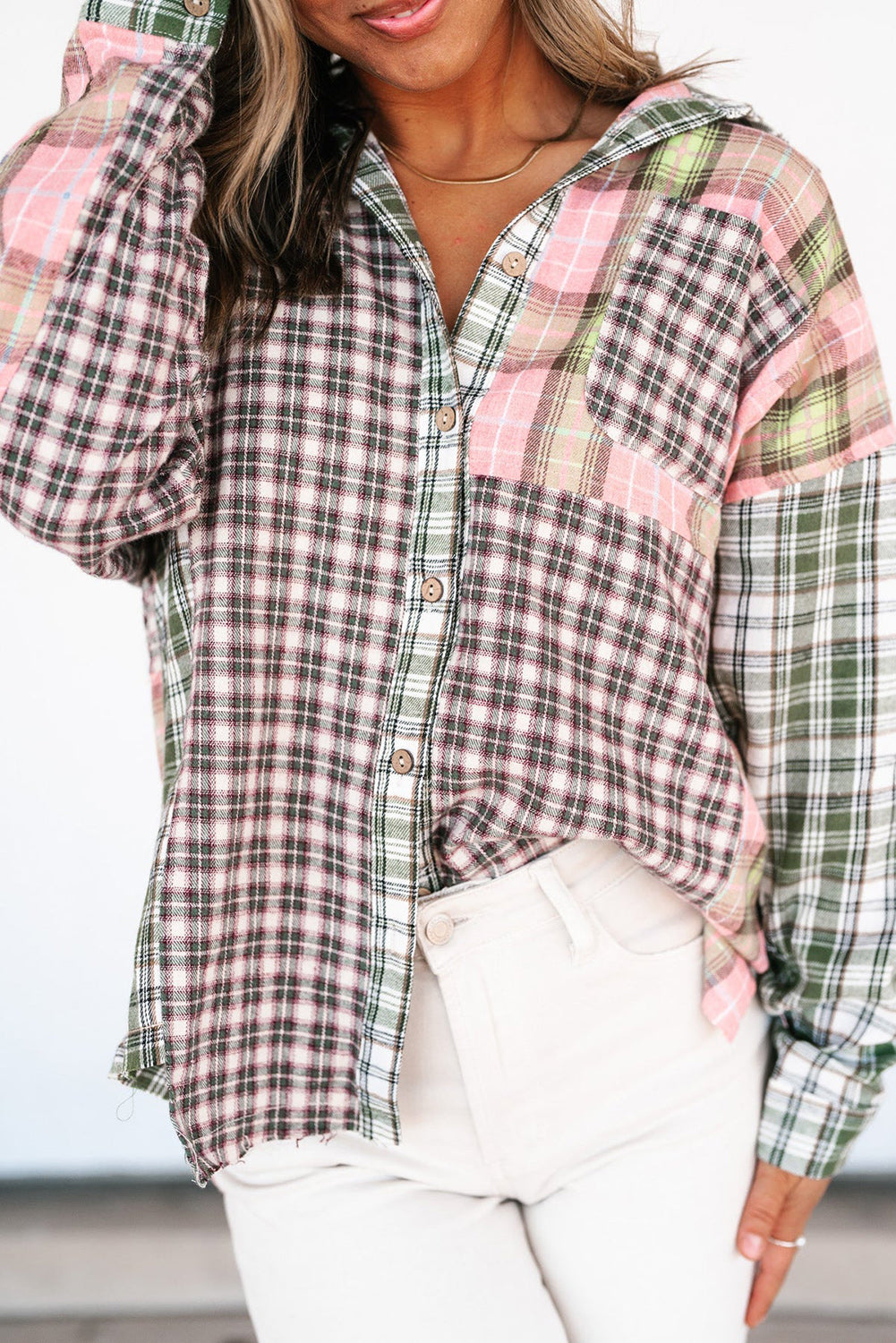 Multicolor Plaid Patchwork High Low Oversized Shirt Tops & Tees JT's Designer Fashion