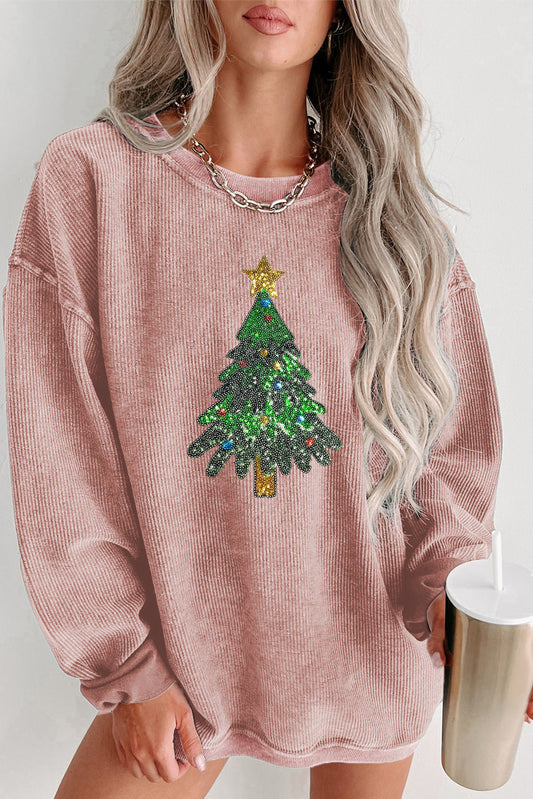 Pink Sequin Christmas Tree Corded Oversized Sweatshirt Pink 100%Polyester Graphic Sweatshirts JT's Designer Fashion