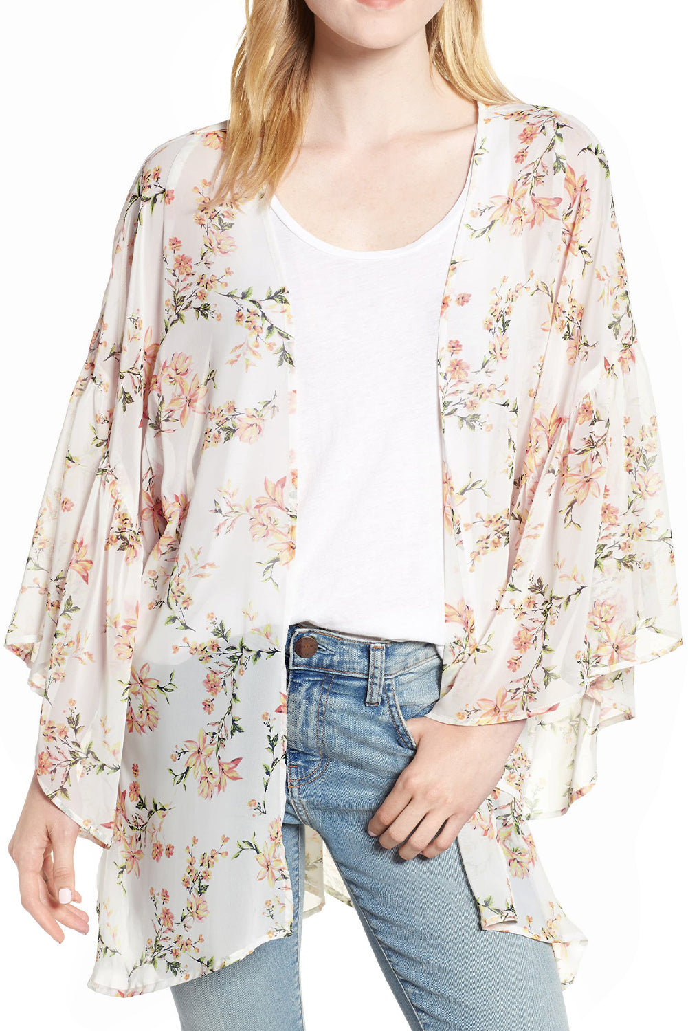 White Floral Print Ruffled Long Sleeves Kimono Kimonos JT's Designer Fashion